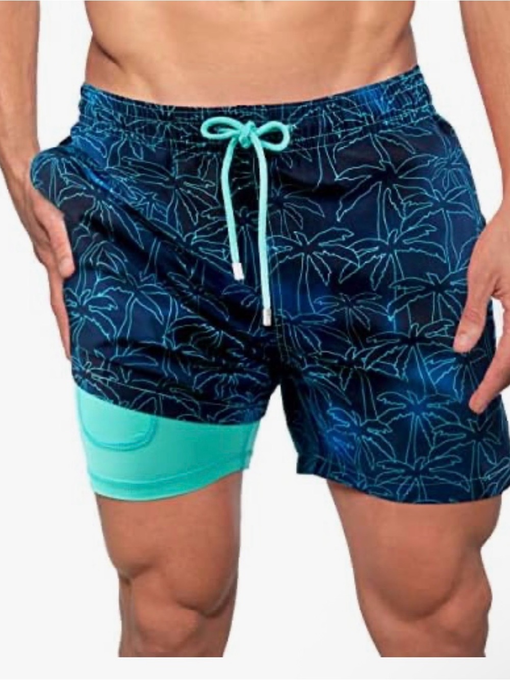 Men's Navy Print Swim Trunks w/ Aqua Liner Capelle Miami Collins - Foggy Palm